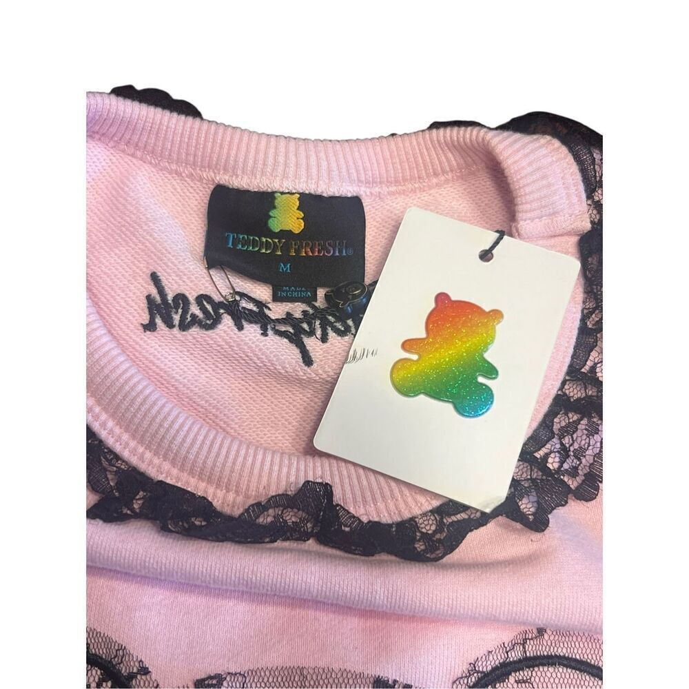 Teddy Fresh applique Bear pink sweater black Lace trim Women’s medium streetwear - Picture 11 of 12